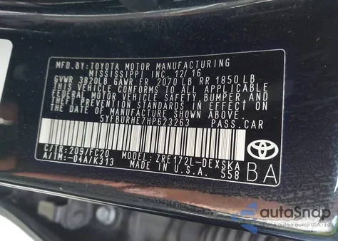 2017 Toyota Corolla Se z USA, uszkodzony, nr VIN 5YFBURHE7HP623263